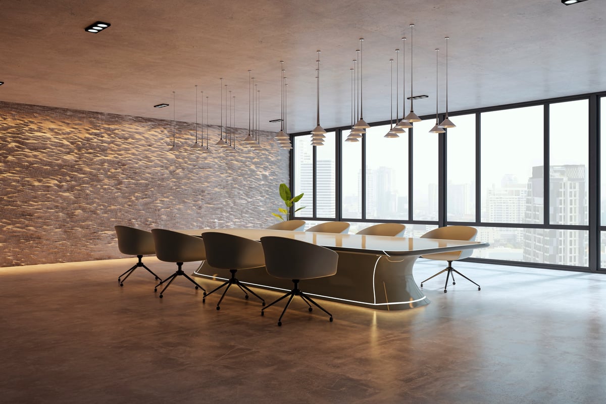 Modern conference room interior with sleek table and chairs in realistic style on city view background for business concept 3D Rendering